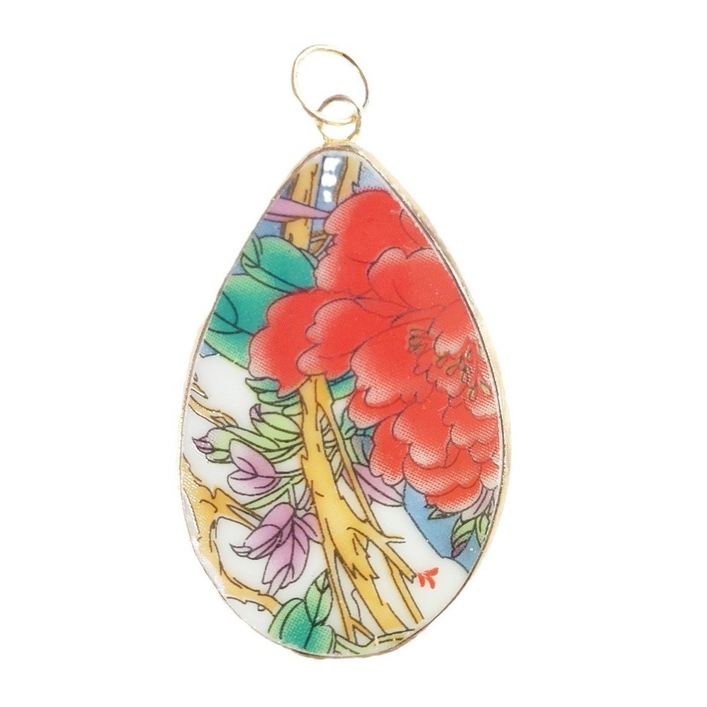 Red Peony Vintage Transferware China Floral Teardrop Pendant Silver Tone Bezel